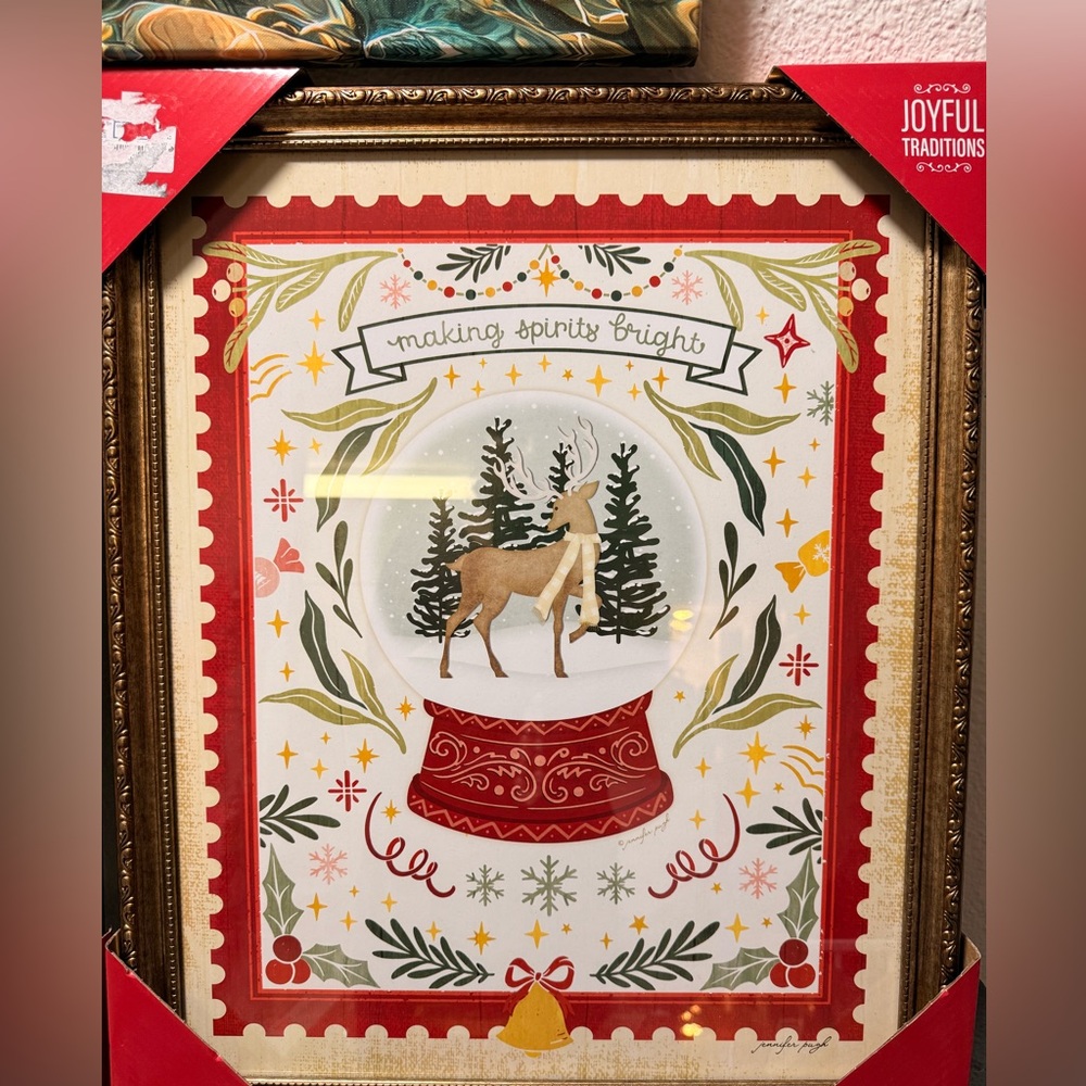 Joyful Traditions Framed Christmas Wall Art – Reindeer Snow Globe – 18x22
